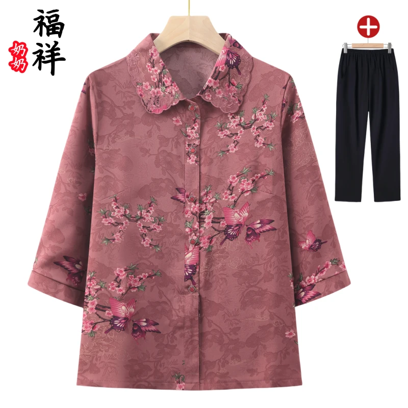 中老年人夏装奶奶装七分袖衬衫秋装老人妈妈装翻领时尚短袖老太太