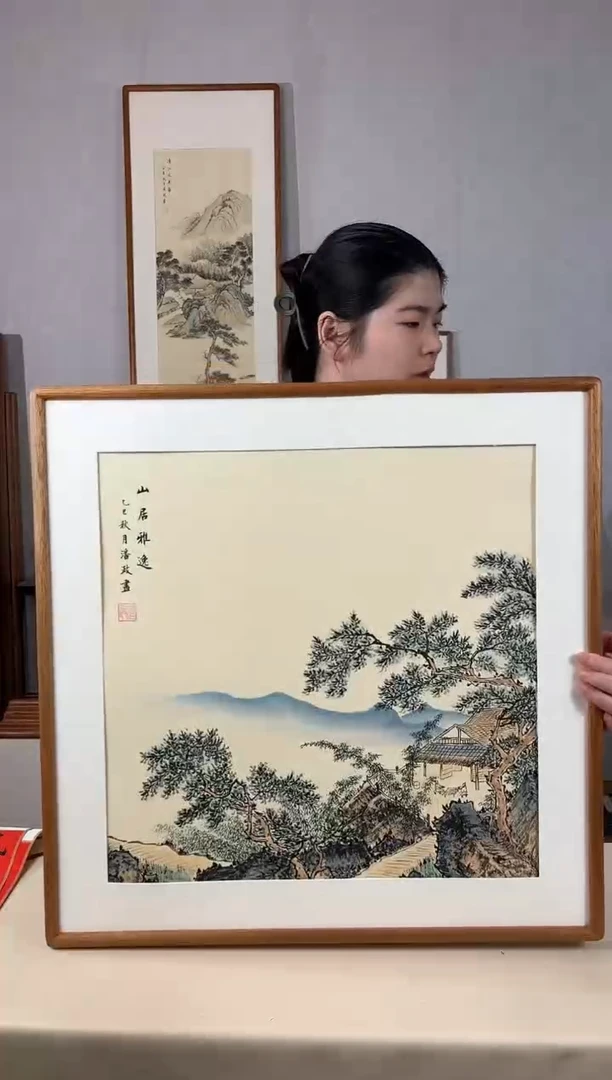 国画手绘*山居雅逸*62*62cm实木框