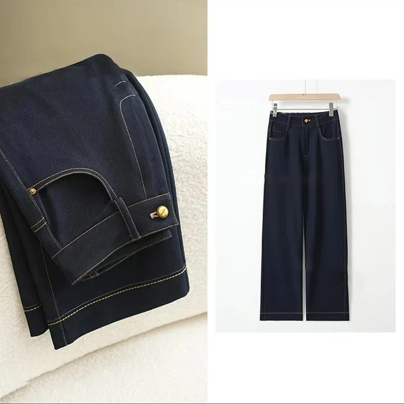 桑 蚕丝丹宁蓝牛仔裤设计师款高腰显瘦窄版阔腿裤