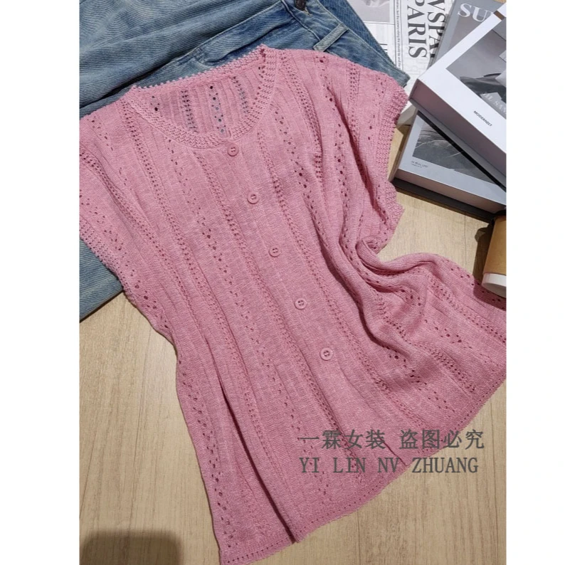 一霖女装2025新款上衣时尚镂空短袖洋气开衫简约针织衫HLY6829-1