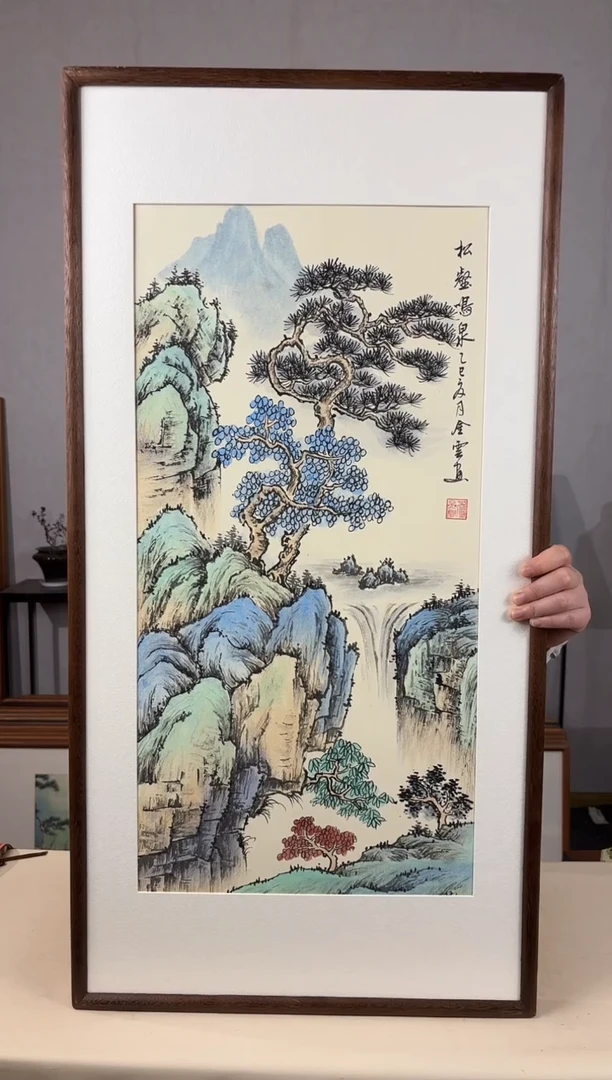 国画手绘*松鹤鸣泉*47*92cm带框发货