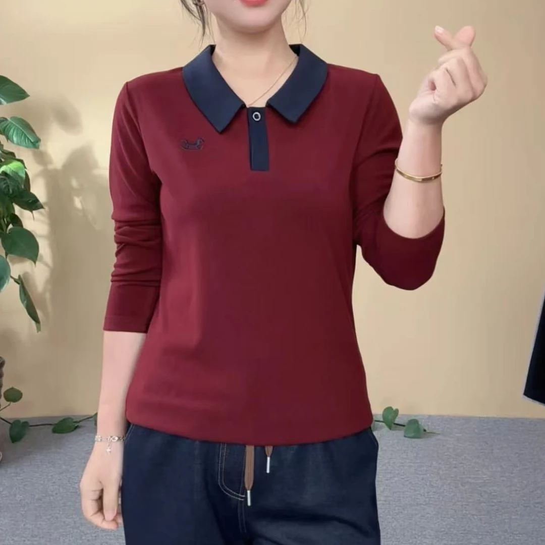 秋季妈妈装减龄长袖衬衫2025新款宽松翻领大码T恤女装打底衫
