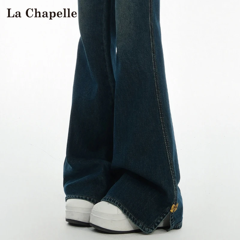 拉夏贝尔复古微喇牛仔裤女2025新款春季不贴腿高腰显瘦开叉喇叭裤