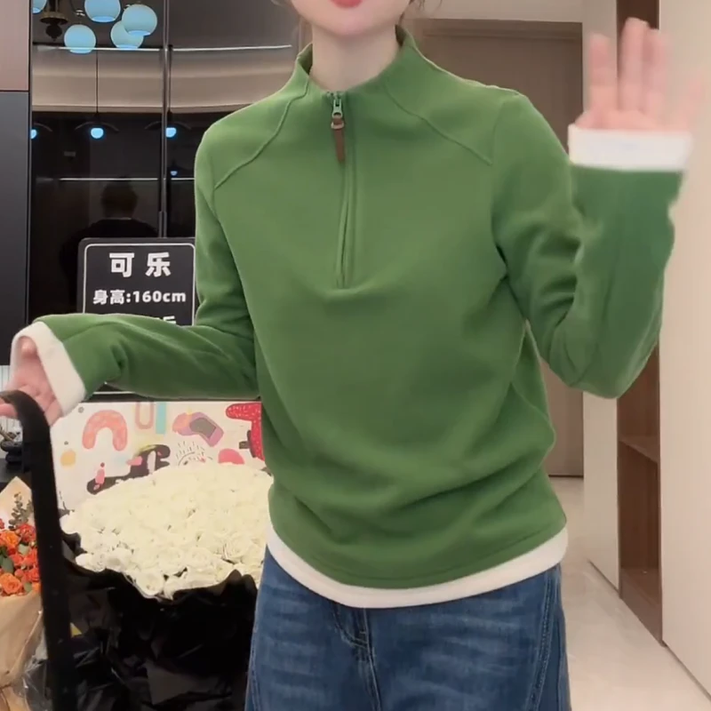 2025秋冬新款磨毛半拉链女款拼色长袖显瘦打底LK2507139