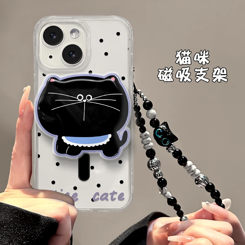 波点猫咪链条适用苹果15promax/13磁吸支架iPhone16/14手机壳11