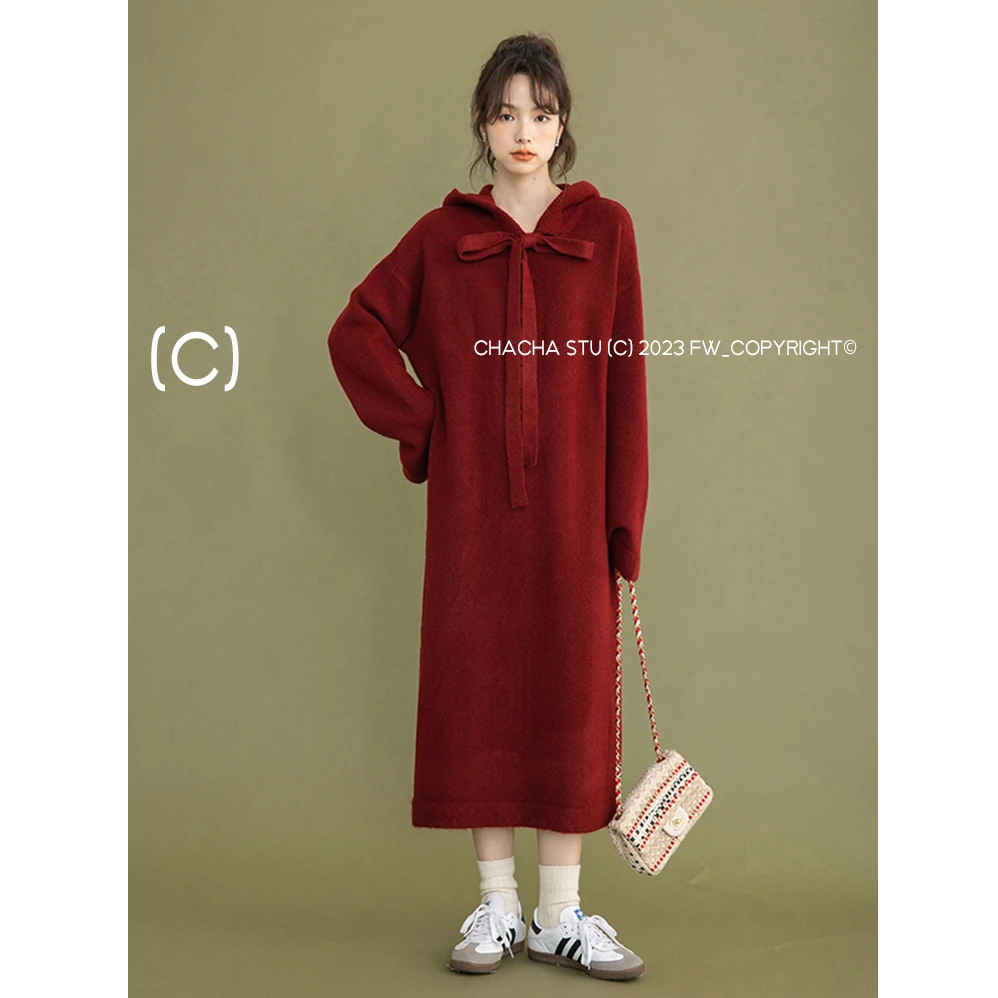 CHACHASTU 复古针织连帽连衣裙女秋冬慵懒风宽松毛衣打底裙23001