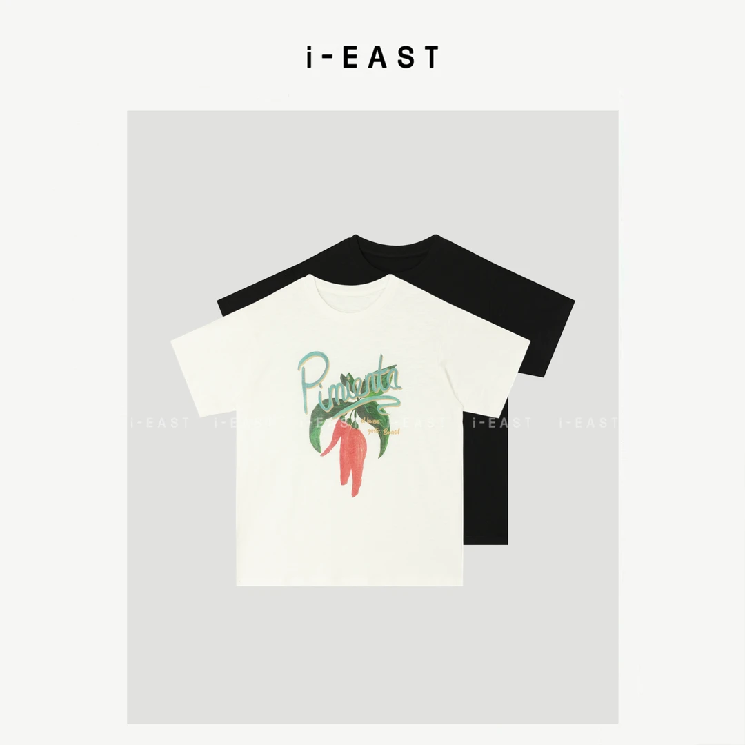 i-EAST 插画果蔬~辣椒印画短袖T恤上衣-5C SY8539