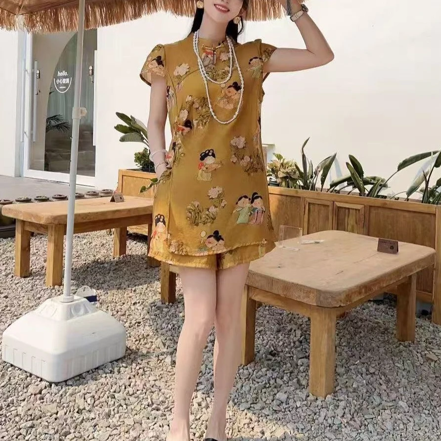 俏上美家大码立领减龄时尚静奢风印花显瘦宽松两件套836