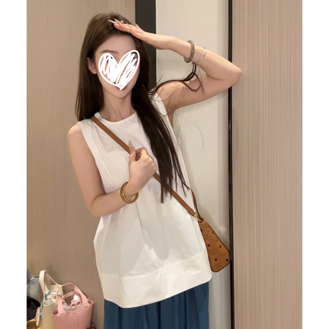 2025夏季新款时尚百搭圆领露背无袖衬衫背心女休闲外穿上衣9589