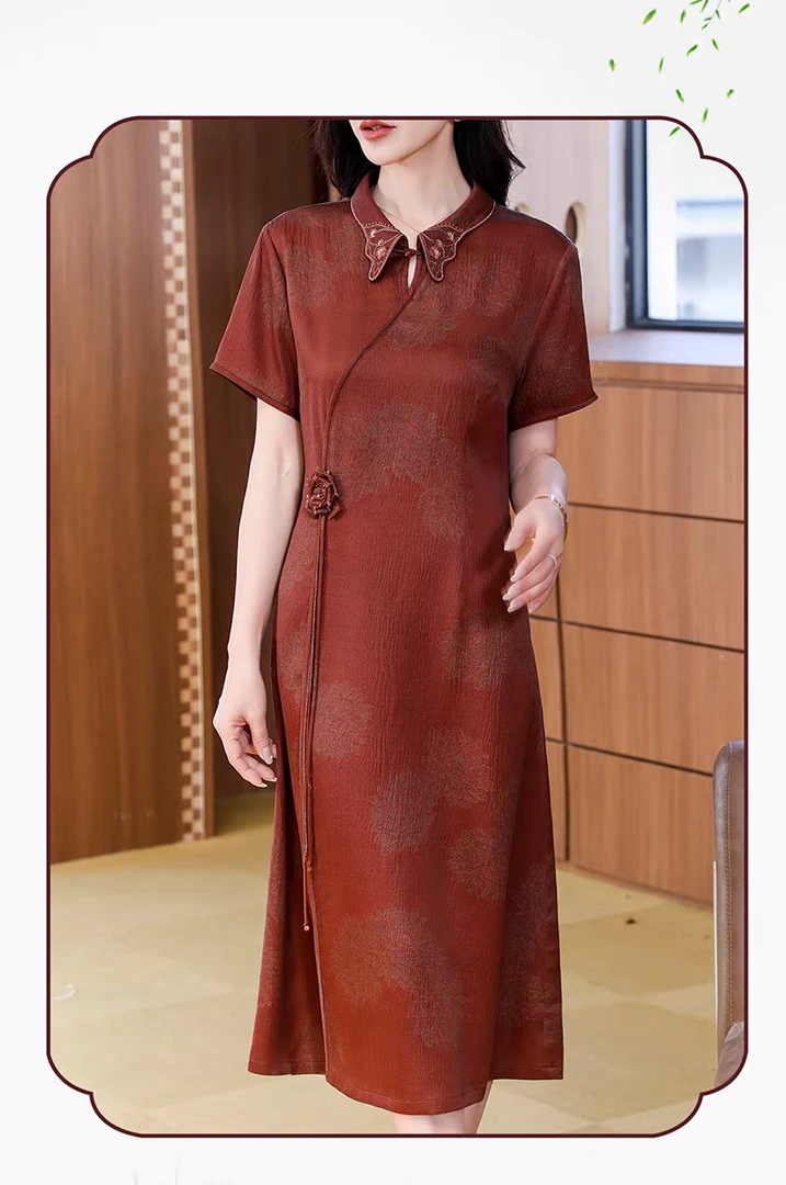 高端珍珠缎香云纱重磅真丝连衣裙女中长款2025夏款桑蚕丝显瘦裙子