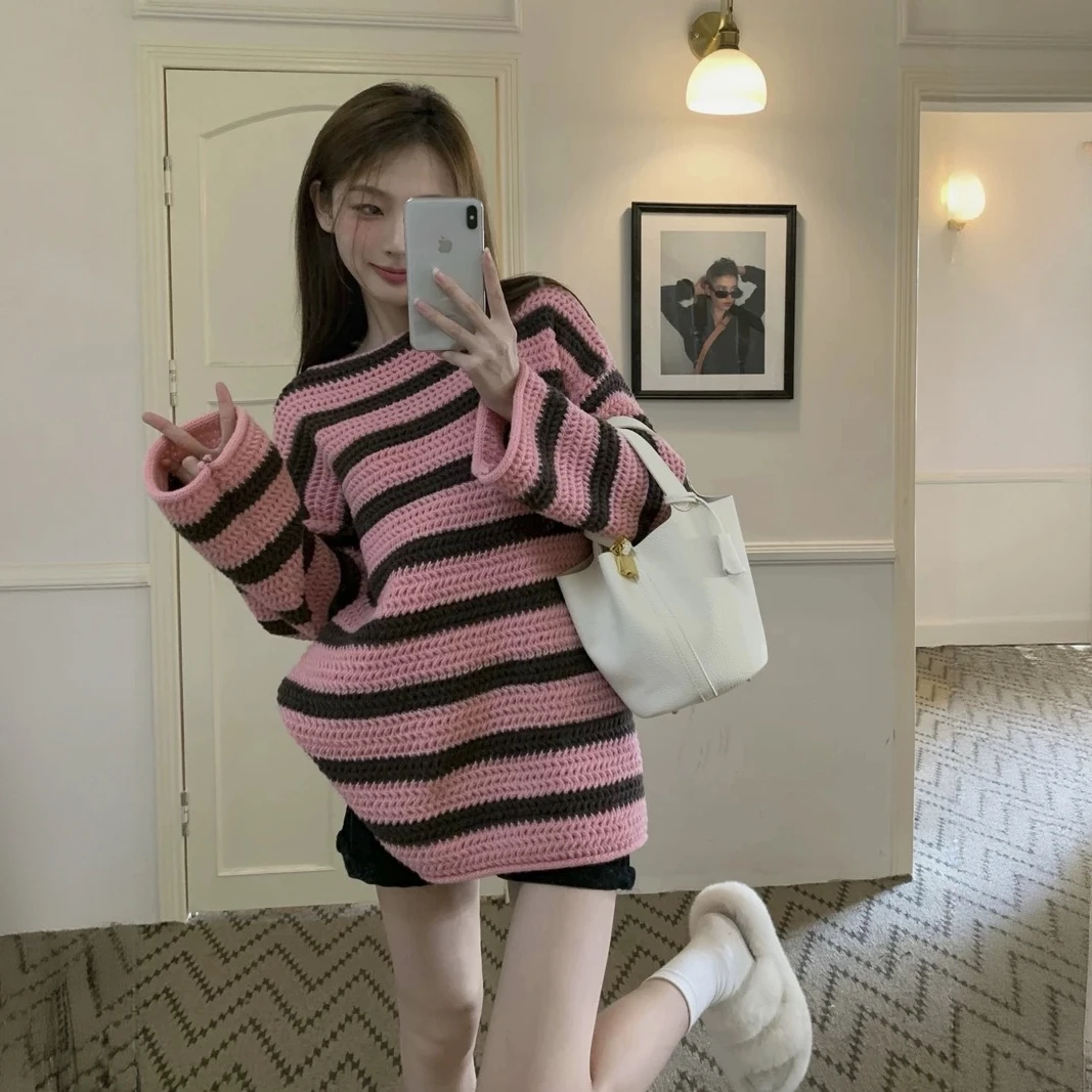 韩系复古撞色条纹露肩高级设计感毛衣女2025秋冬新款慵懒风针织衫