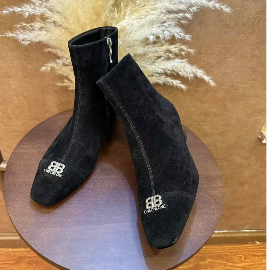 粗跟舒适短靴女方头休闲百搭保暖绒里瘦瘦靴短筒时尚女靴2604