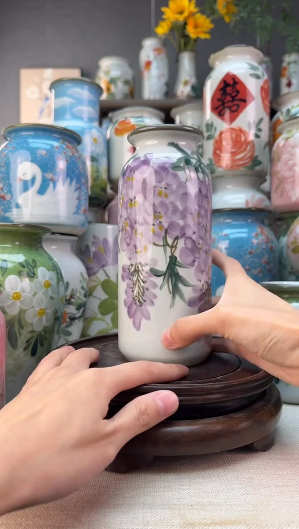 瓶景德镇手绘花器底部无孔内部无釉陶泥材质高温瓷釉下彩