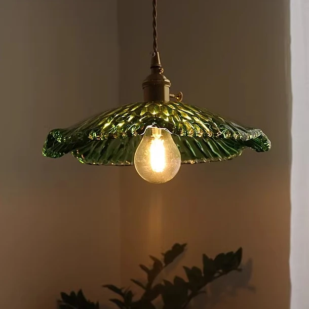 日式复古黄铜玻璃吊灯简约餐厅吧台民宿卧室飘窗玄关阳台荷叶灯具