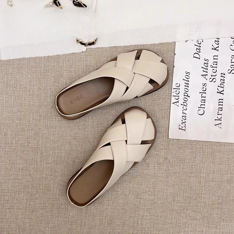 梦孜百丽包头拖鞋女夏外穿2025年新款百搭编织罗马凉拖平底半拖鞋