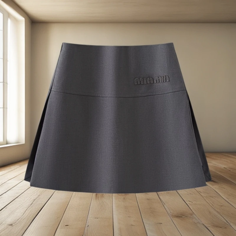 拉夏贝尔灰色a字裙半身裙2025夏新款裙裤高腰短裙立体绣开叉短裙