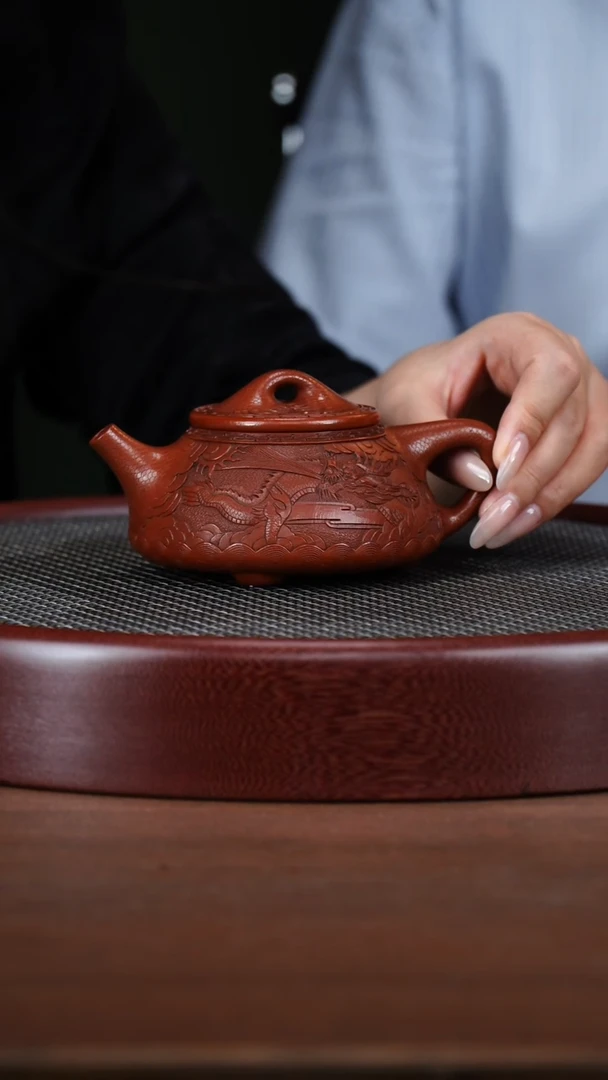 茶壶紫砂49WSY浮雕景舟石瓢 大红袍