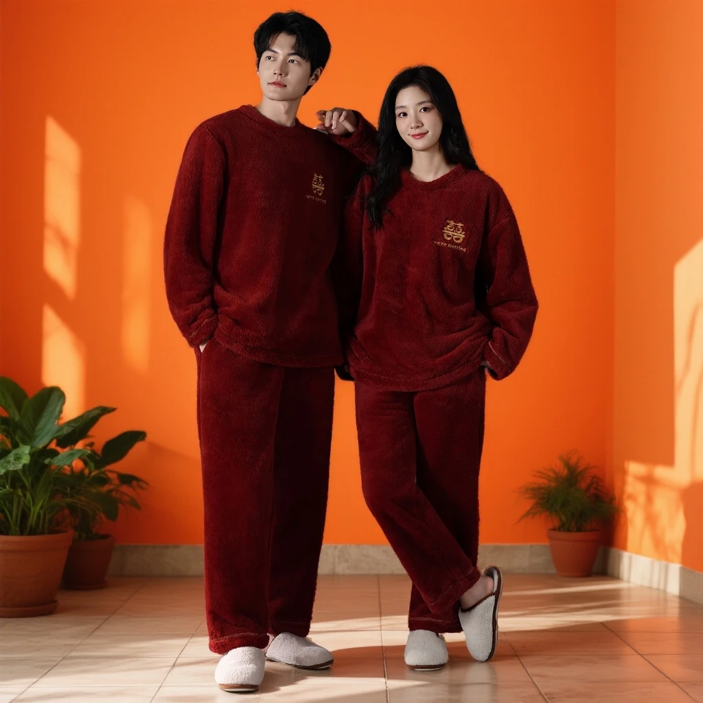 秋冬款法兰绒结婚情侣睡衣套装新婚红色加厚加绒男女本命年家居服