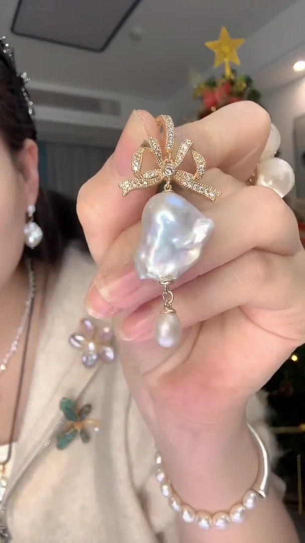 吊坠(不含链)未镶嵌淡水珍珠金色蝴蝶结万能扣吊坠