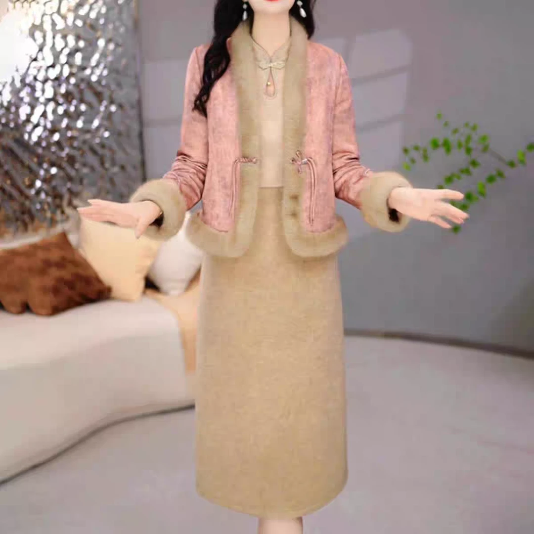 高级雪花绒拼接外套连衣裙两件套2025秋冬季新款显瘦中长款套装
