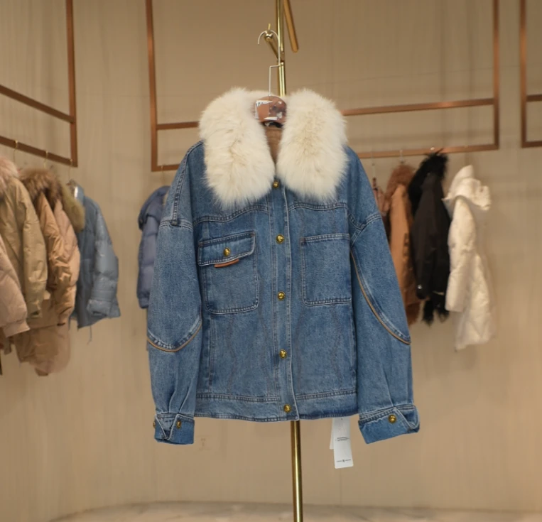 E008 E系列秋冬高奢狐狸毛领牛仔羽绒服女可拆卸内胆 0007