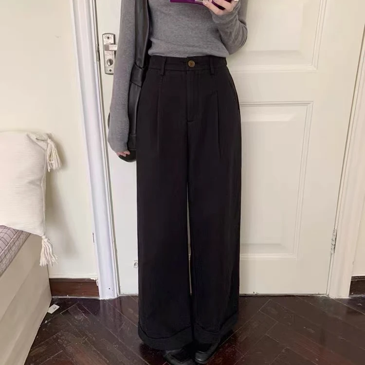 蜗牛家简约气质款百搭加绒加厚毛呢休闲阔腿裤2680