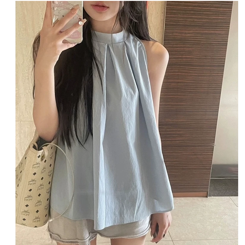 甜辣妹挂脖吊带小背心女夏季外穿法式高级感绝美衬衫蓝色无袖上衣