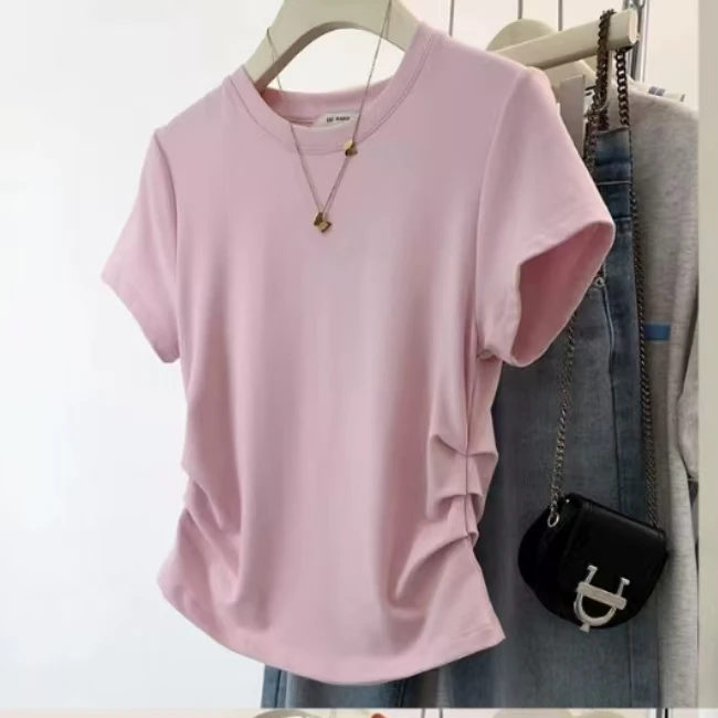 【锦衣服饰】8613圆领两边褶皱时尚T恤