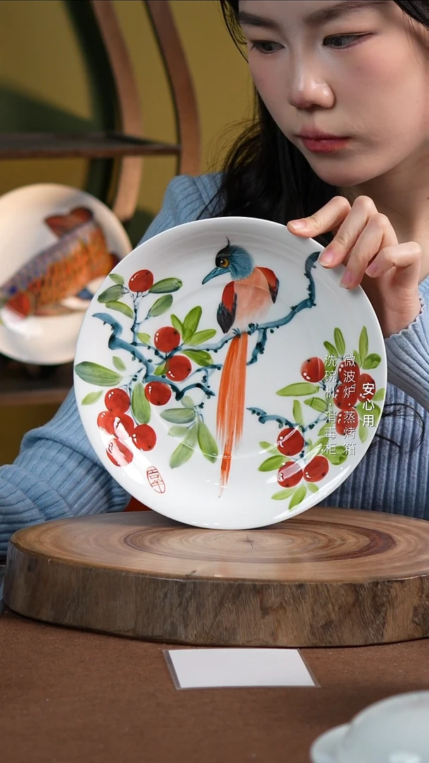 瓷景德镇高温手绘釉下彩8英寸官窑窝盘 樱桃绶带