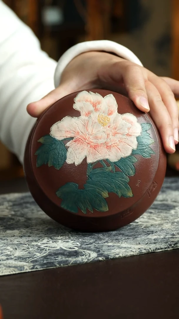 茶杯紫砂62号 牡丹茶叶罐 宜兴紫砂原矿作品
