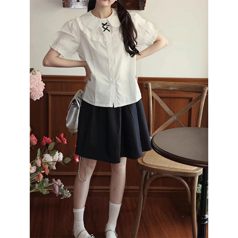 藏青色松紧腰半裙女夏季新款百搭学院风伞裙小个子a字裙高腰中裙