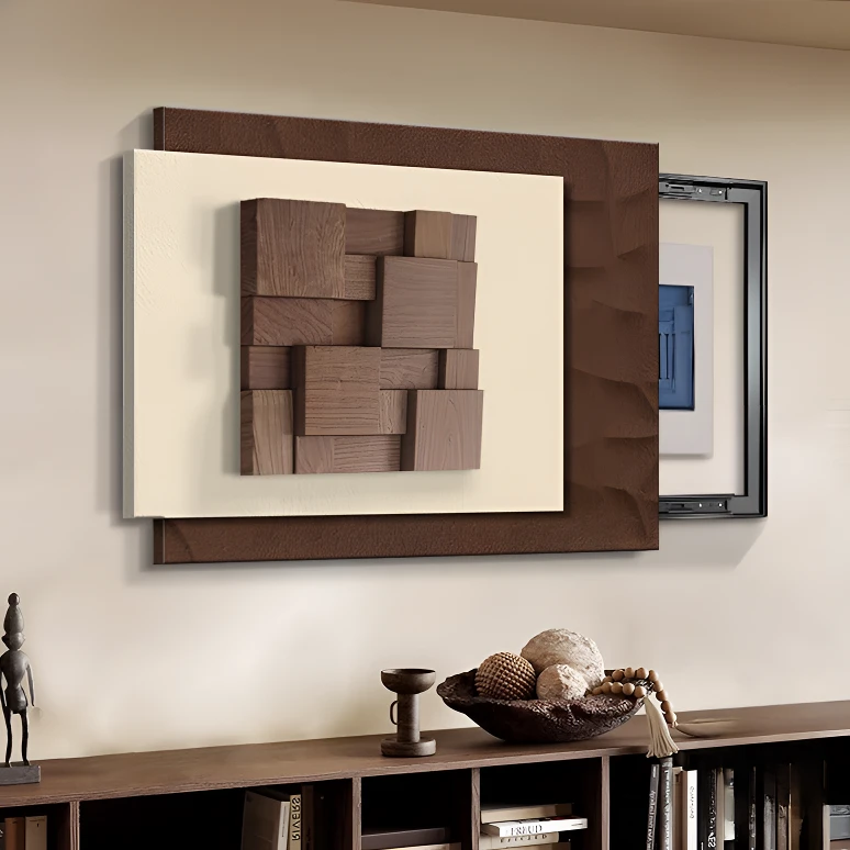 立体胡桃木电表箱砂岩简约高级感电表箱2025网红配电箱装饰画