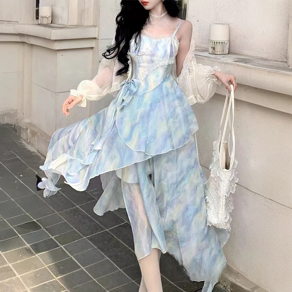 油画晕染不规则裙摆网纱印花气质慵懒吊带连衣裙