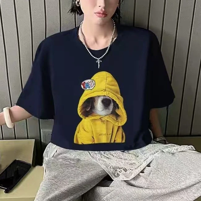 9086#小狗T恤女短袖正肩短款宽松2025新款夏季休闲辣妹上衣