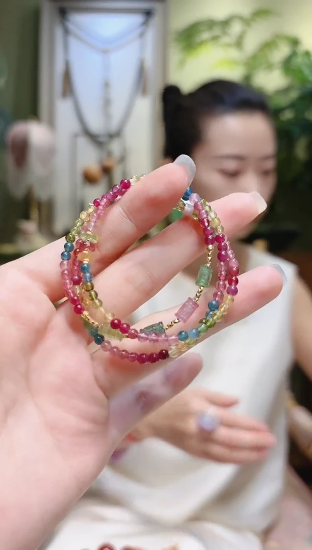 【闪购商品】碧玺手链银S925镶嵌小米珠4回纹碧玺项链