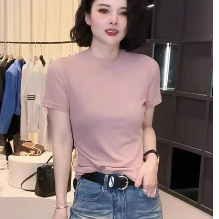 S·KBKZ【夏上新】圆领短袖网纱粉色女士T恤洋气夏装镂空网纱t恤2596