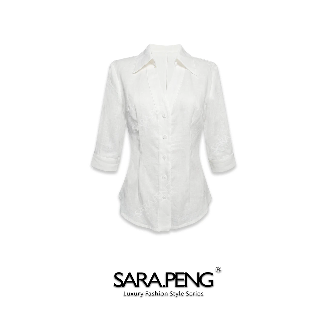 S.PENG优雅闲适｜优雅气质修身重工亚麻V领西装感短袖上衣｜3D16857