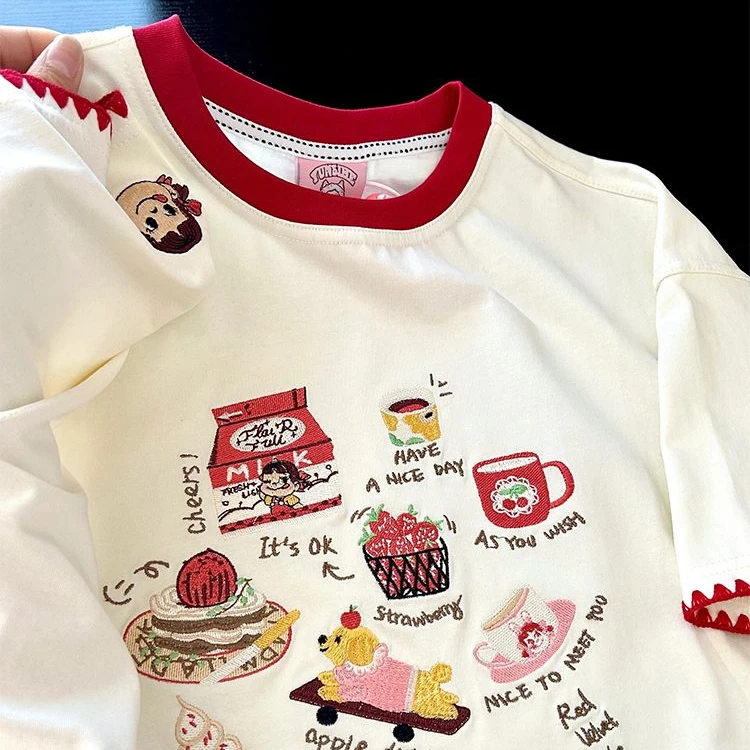 可爱重工刺绣不二家女孩短袖T恤女生撞色小众设计感甜美减龄上衣