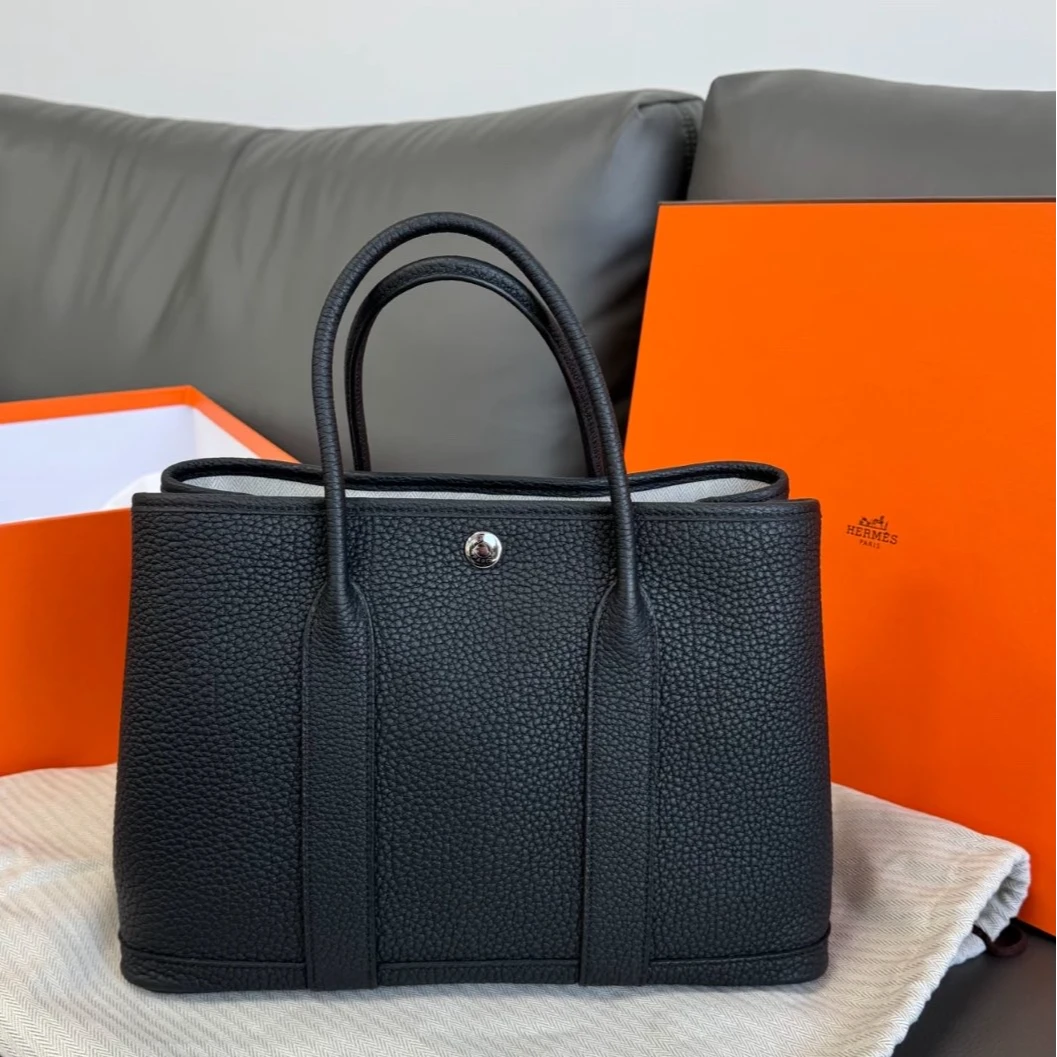 99新 Hermes/爱马仕 珊珊花园包 30 黑色 NEGONA皮 U刻 银扣