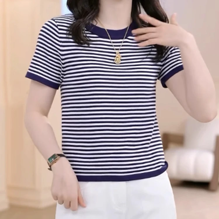 高级感撞色条纹针织衫短袖t恤女夏季2025新款正肩上衣修身小香风