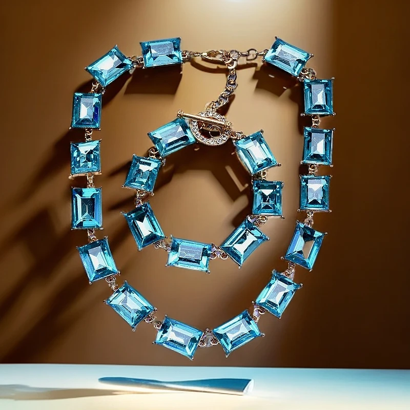 非金属仿水晶项链 欧美爆款方块方形彩色水晶项链轻奢时尚项链