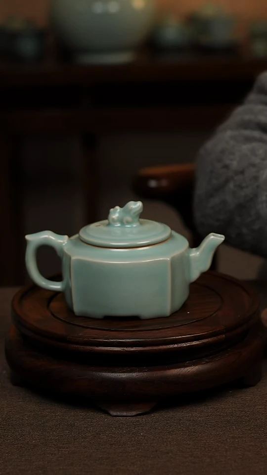 瓷片仿古天青全手工四方壶200ml 微瑕 不带礼盒