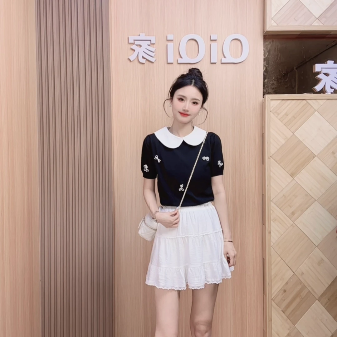 QiQi家 娃娃领蝴蝶结冰丝针织上衣女夏季芭蕾风半身短裙两件套装