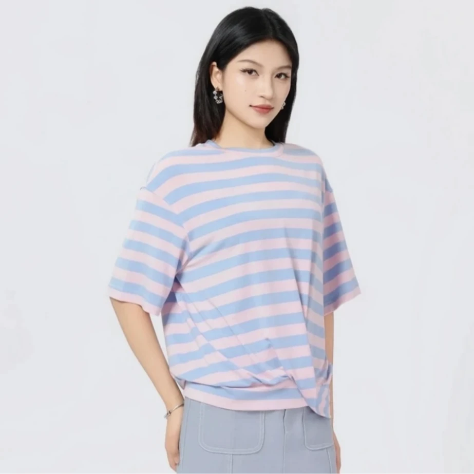 GIRDEAR/哥弟女款撞色休闲夏季宽松条纹短袖  1301012