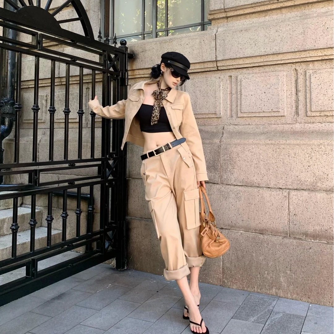 美式复古翻领夹克外套女秋季设计感收腰短款上衣工装裤时尚两件套