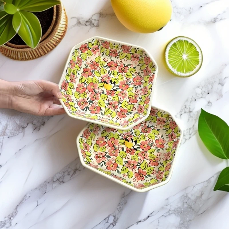 1高温釉下彩胭脂粉8英寸大方盘家用陶瓷创意深菜盘烤盘