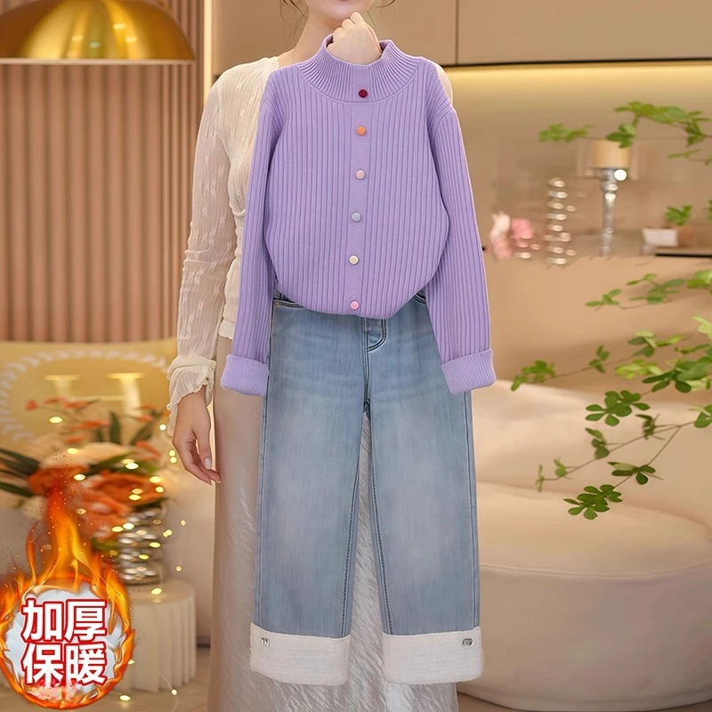 女童加绒毛衣牛仔裤套装2025新款秋冬半高领针织衫加厚直筒阔腿裤