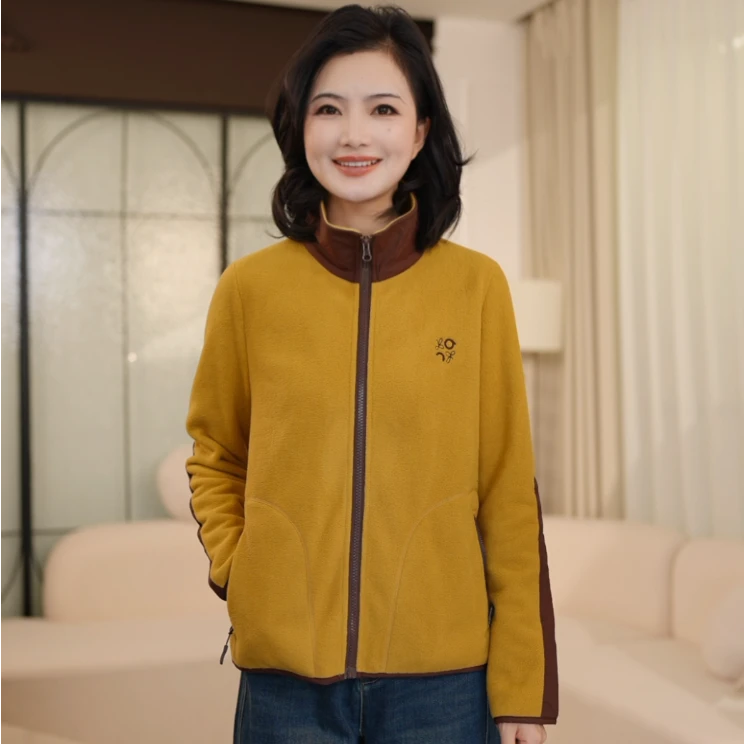 枫竺阿楠anan撞色拼接立领绣花长袖摇粒绒外套女秋冬季叠穿抓绒衣