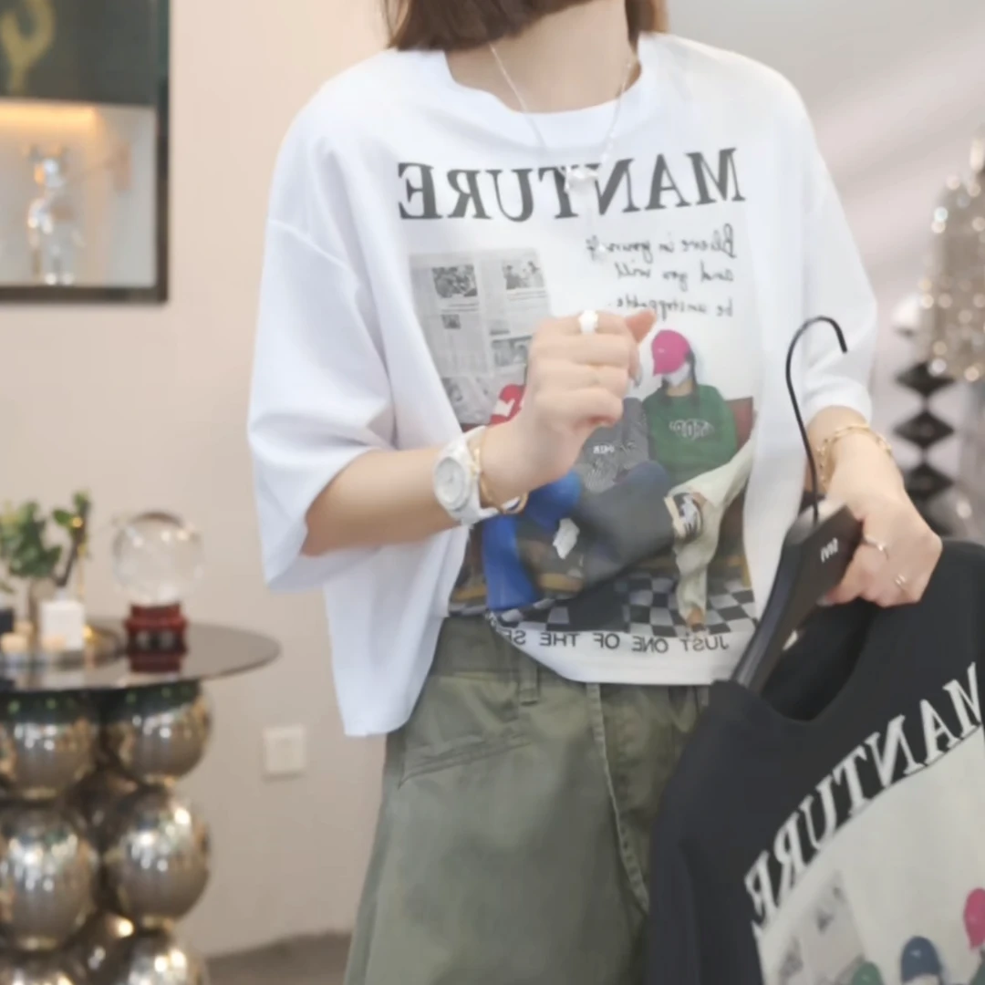 美式时髦宽松后背蕾丝人物印花字母2025年夏季新款短款短袖T恤女