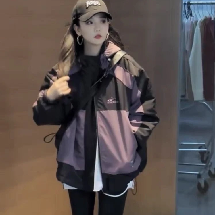 欧货连帽冲锋衣撞色春秋外套女2025冬季夹克开衫中长款潮